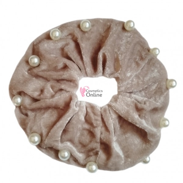 Elastic pentru par Cod ECD007FF din catifea Crem cu perle sidefate
